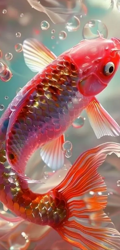 Vibrant koi fish swimming among bubbles.
