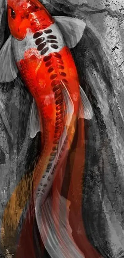 Vivid red koi fish on a black-white textured background.