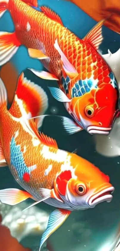 Vibrant koi fish swimming in artistic aquatic wallpaper.