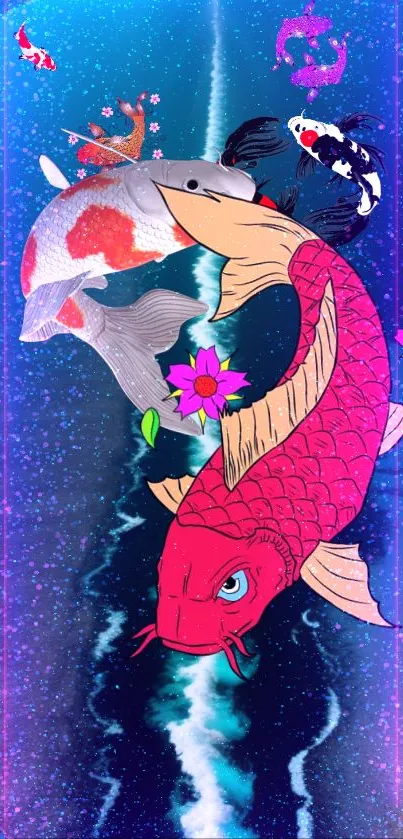 Vibrant koi fish wallpaper with flowers and cosmic blue background.