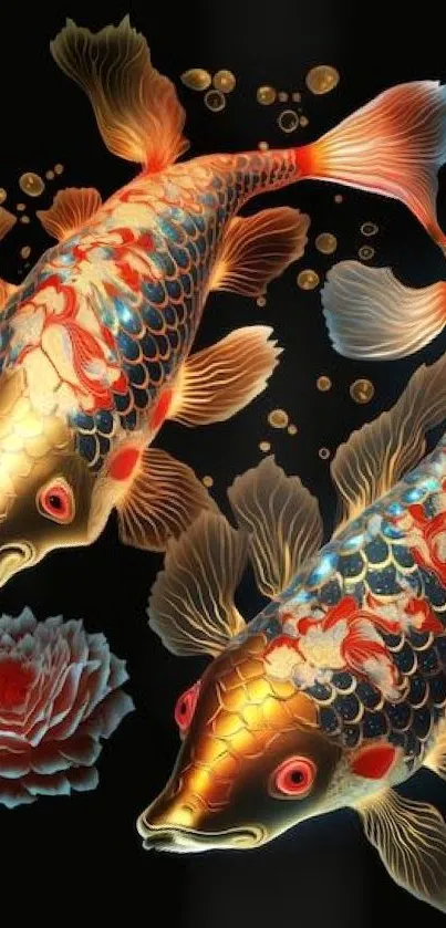 Artistic koi fish with floral accent on black background.