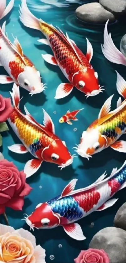 Colorful koi fish swim among roses and stones in a vibrant wallpaper design.