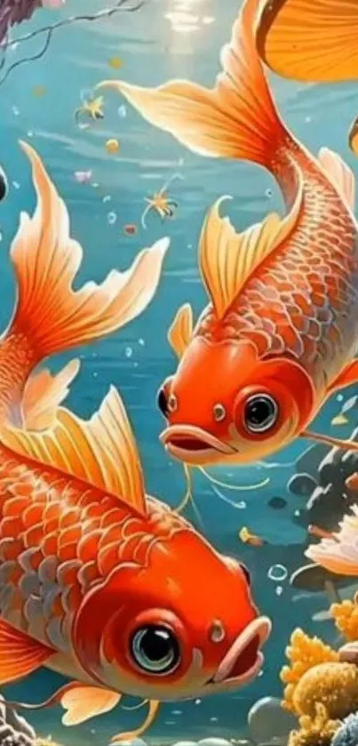 Artistic depiction of vibrant koi fish swimming underwater.