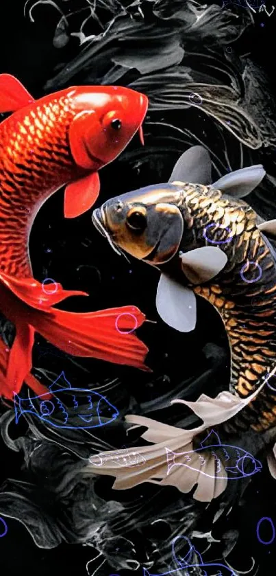 Vibrant koi fish swimming in artistic black swirl design.