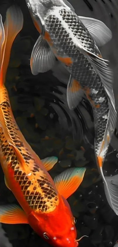 Colorful koi fish swimming in a serene pond.