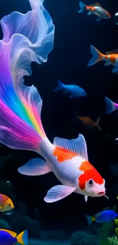 Colorful koi fish in a vibrant fantasy underwater scene.