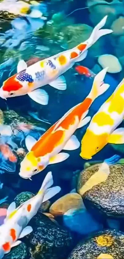 Vibrant koi fish swimming in clear pond with colorful tails.