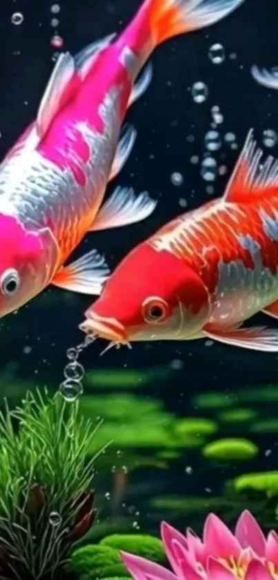 Vibrant koi fish swimming in a lush aquatic environment.