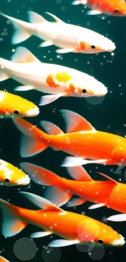 Vibrant koi fish swimming against a dark aquatic background.