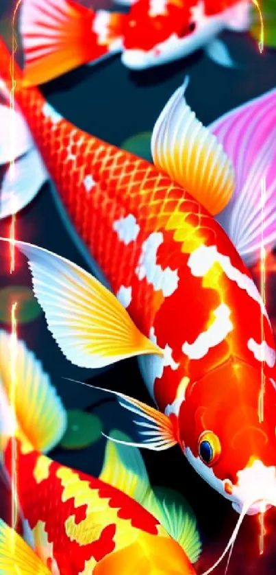 Colorful koi fish swimming among green lily pads in a vibrant nature scene.