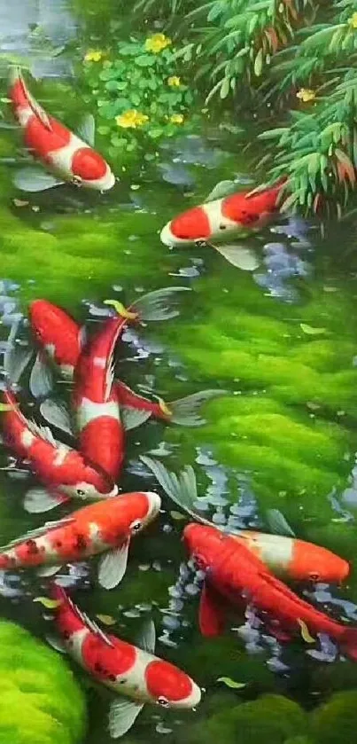 Colorful koi fish swimming in a lush green pond.