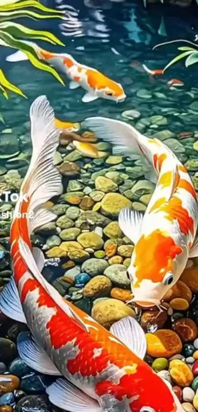 Colorful koi fish swim in a serene pond.