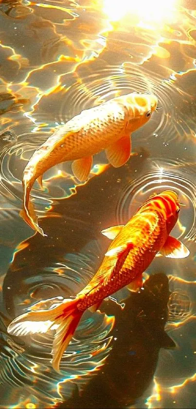 Vibrant koi fish swimming in sunlit water.