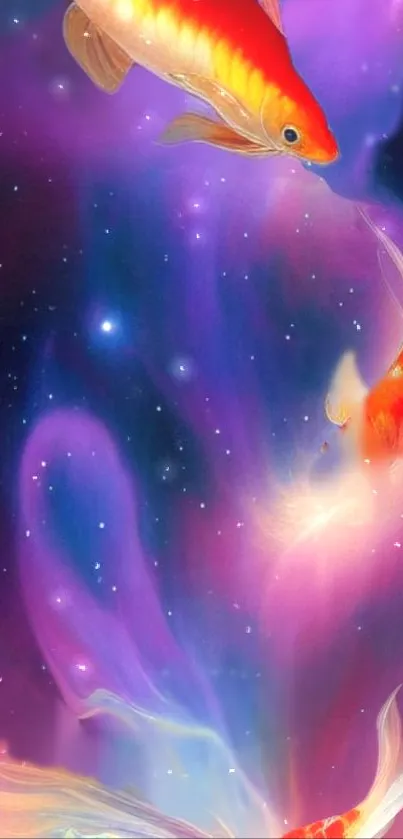 Beautiful Koi fish swimming in a colorful cosmic background.