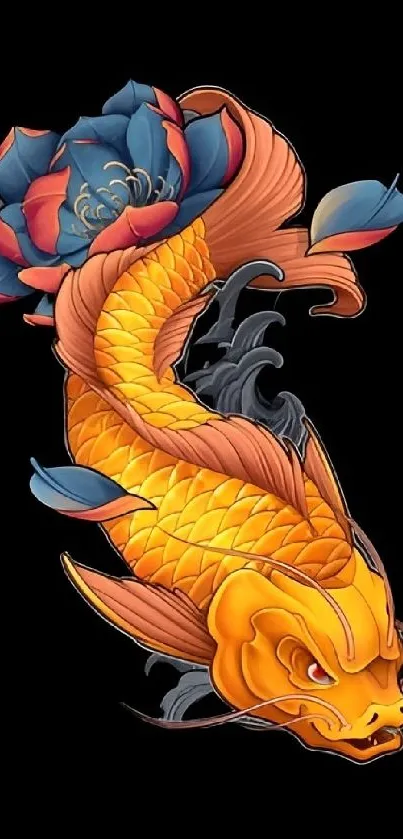 Vibrant orange koi fish with floral accents on a black background.