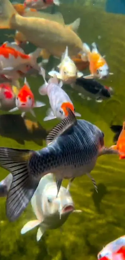 Vibrant koi fish swimming underwater in a tranquil pond setting.