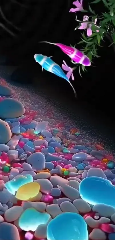 Vibrant koi fish swim over colorful pebbles with pink flowers in a dark aquatic setting.