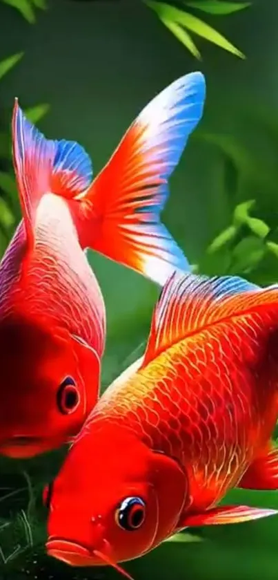 Two vibrant koi fish swimming among green leaves.