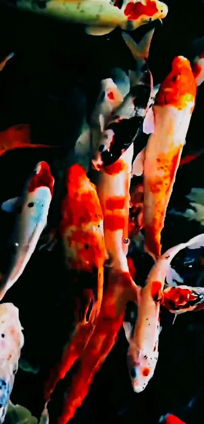 Vibrant orange and white koi fish swimming in a dark pond background.