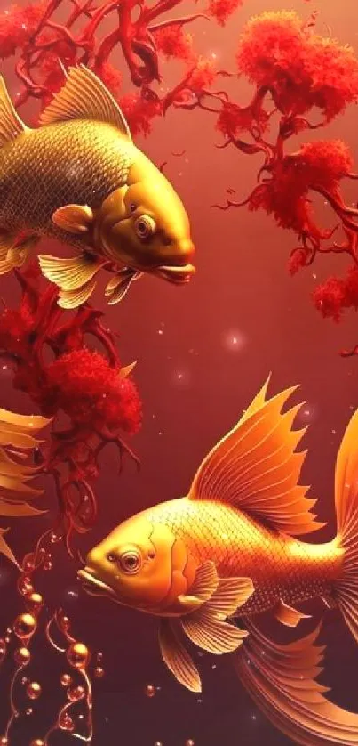 Vibrant golden koi fish amidst red coral.