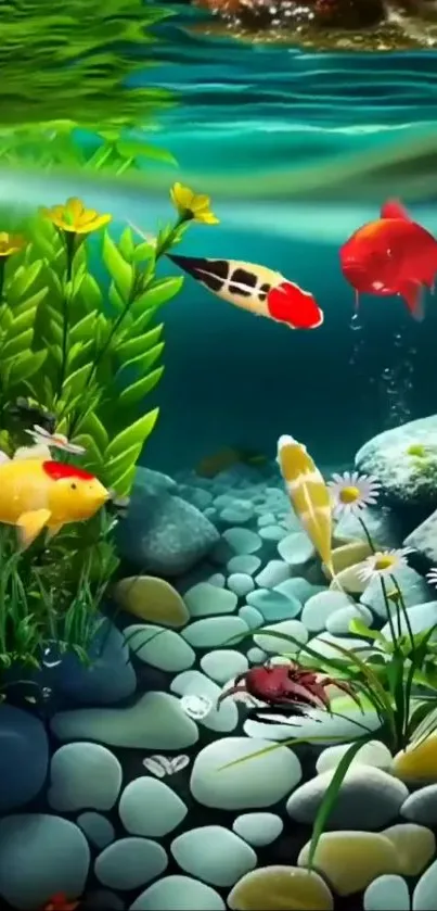 Colorful koi fish swim in a lush underwater scene.