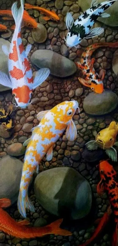 Vibrant koi fish swimming among pebbles.