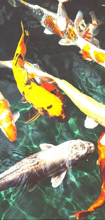 Colorful koi fish swimming in tranquil teal water.