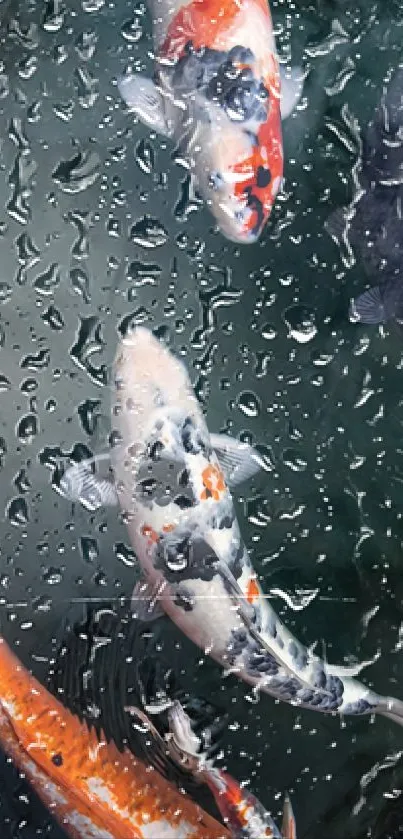 Vibrant koi fish swimming underwater with raindrop overlay effect.