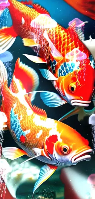 Vibrant koi fish with jellyfish in a colorful wallpaper design.