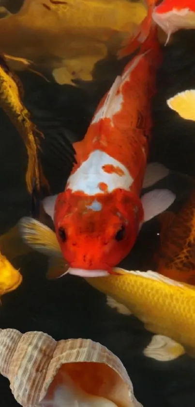 Vibrant orange koi fish swimming among colorful carp in a serene aquatic setting.