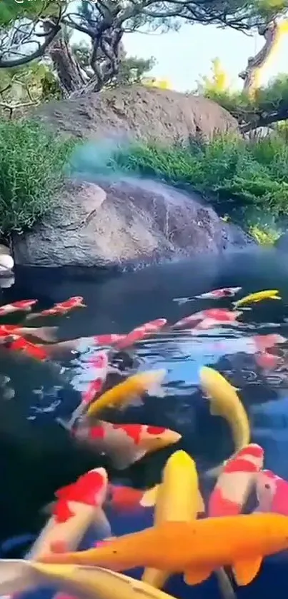 Vibrant koi fish swimming in a serene pond with surrounding natural greenery.