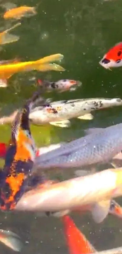 Colorful koi fish swimming in a serene pond.