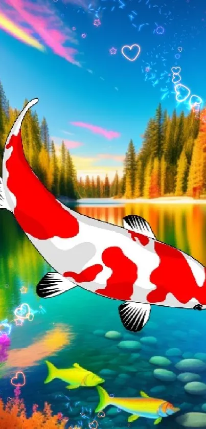 Vibrant koi fish swimming in a clear, colorful forest lake.