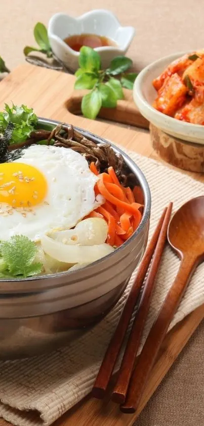 Korean Bibimbap with vegetables and egg next to kimchi.