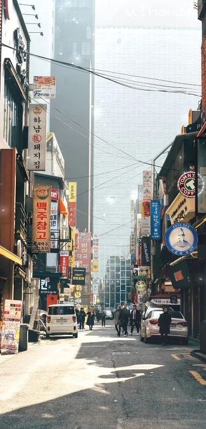 Vibrant Korean street with colorful signs.