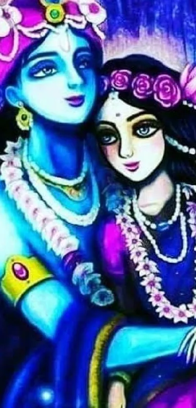 Vibrant artwork of Krishna and Radha with rich blue and pink hues.