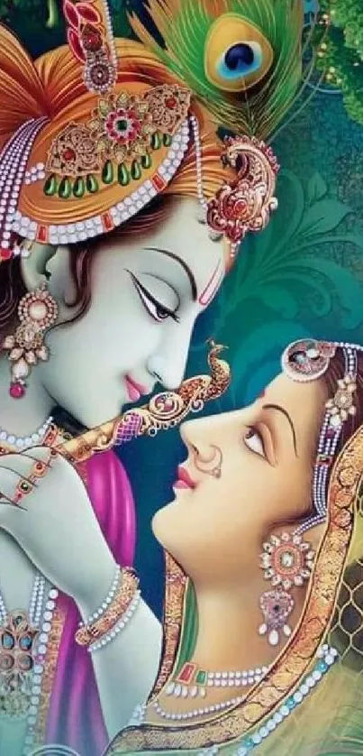 Colorful Krishna and Radha artwork with intricate details.