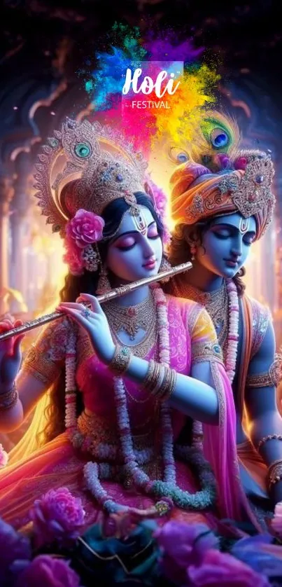 Colorful Krishna and Radha artwork with Holi festival theme.