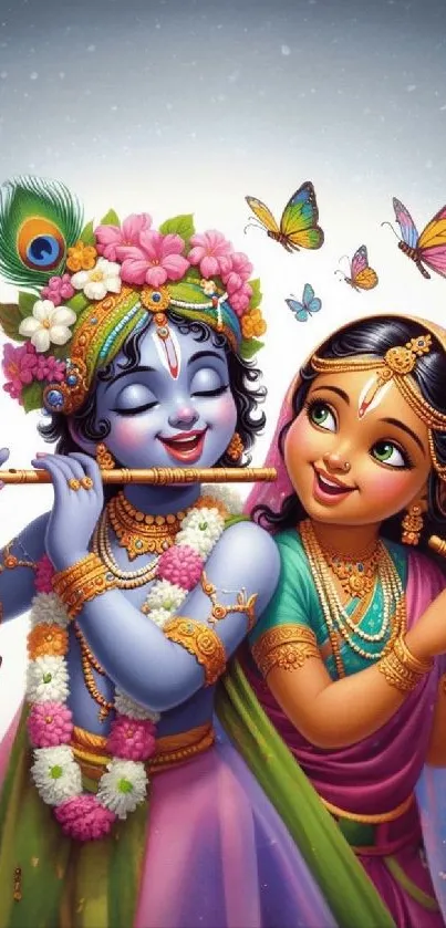 Colorful wallpaper of Krishna and Radha with butterflies.