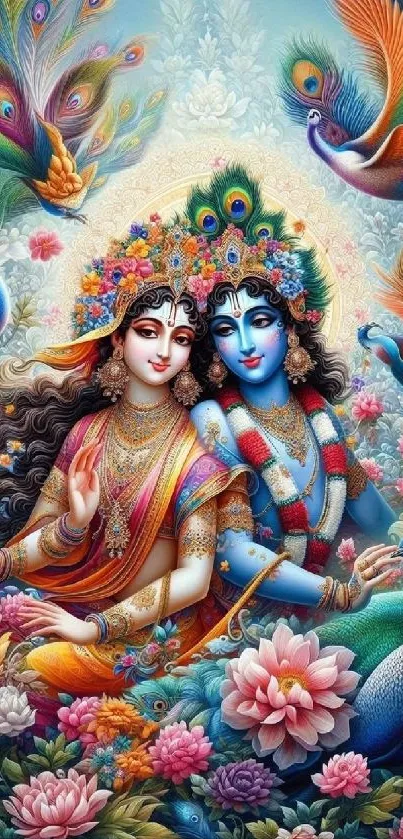 Vibrant wallpaper of Krishna and Radha in a colorful and spiritual setting.