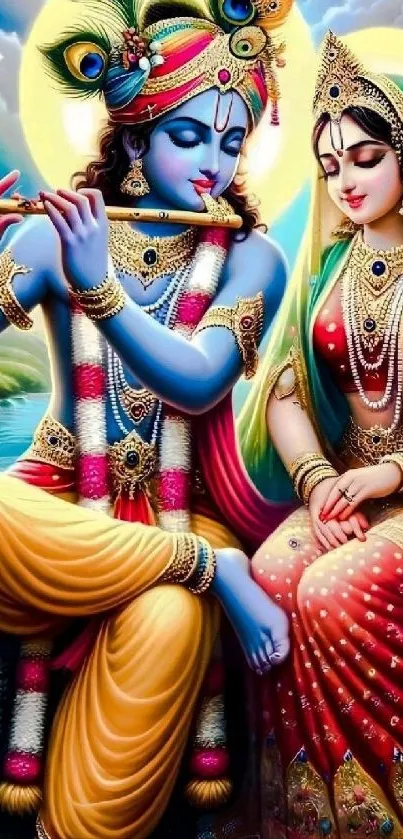 Vibrant Krishna and Radha mobile wallpaper with colorful spiritual art.