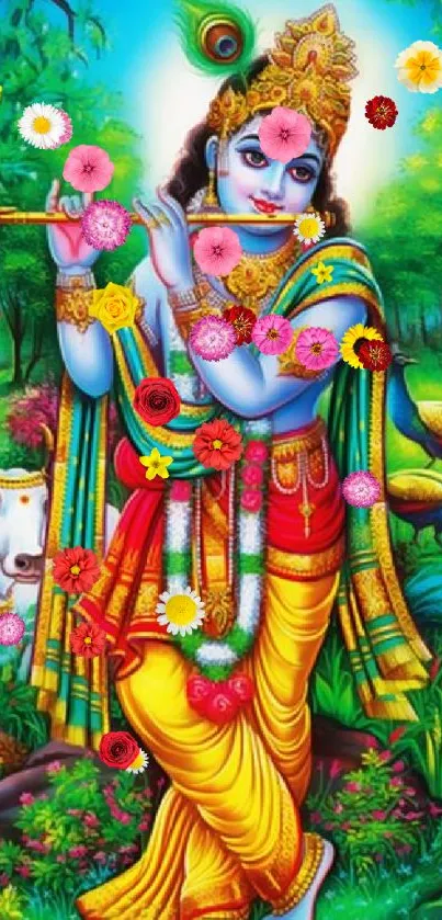 Krishna playing flute in lush green forest, vibrant mobile wallpaper.