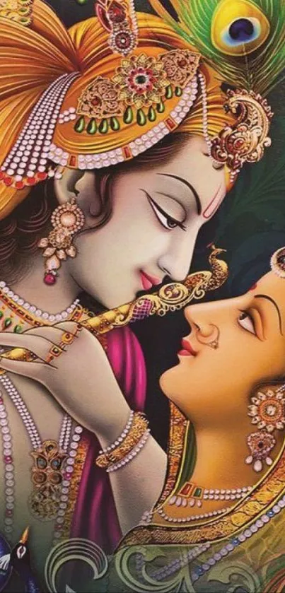 Vibrant Krishna and Radha artistic wallpaper for phones.