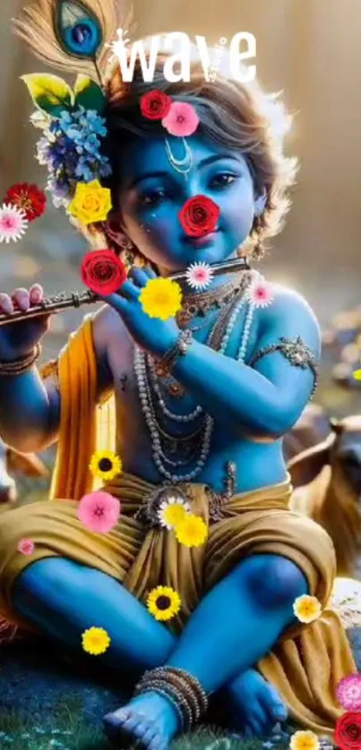 Krishna playing flute amidst flowers, blue theme.