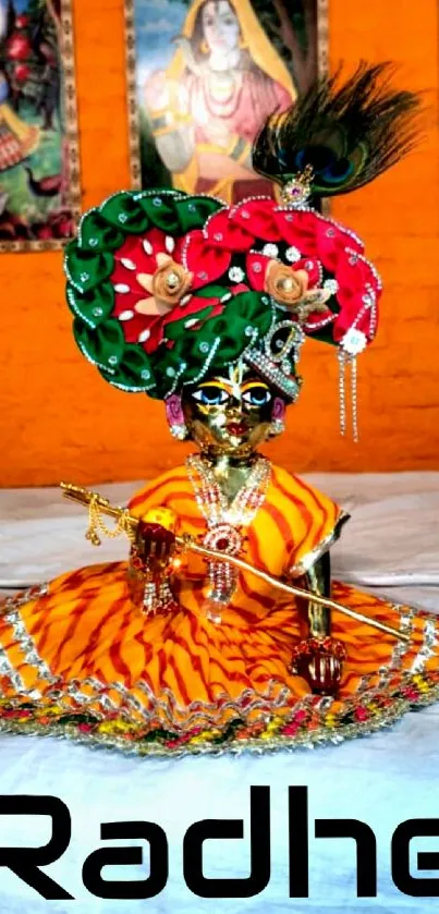 Vibrant Krishna in traditional attire with colorful decorations.