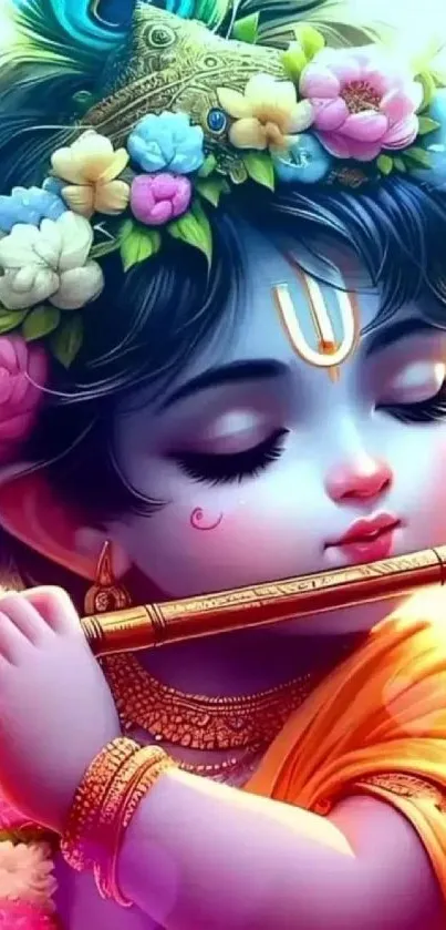 Vibrant Krishna playing flute with flowers and blue hues.