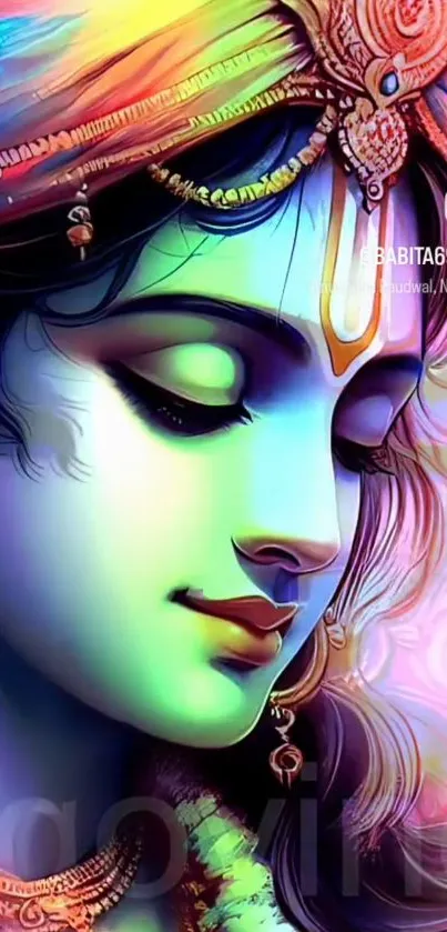 Vibrant Krishna artwork wallpaper with rich colors and divine elegance.