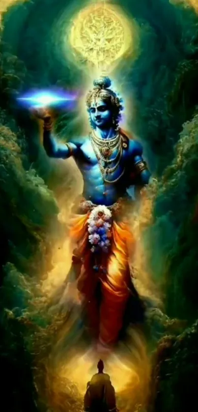 Vibrant Krishna holding a disc in spiritual art.