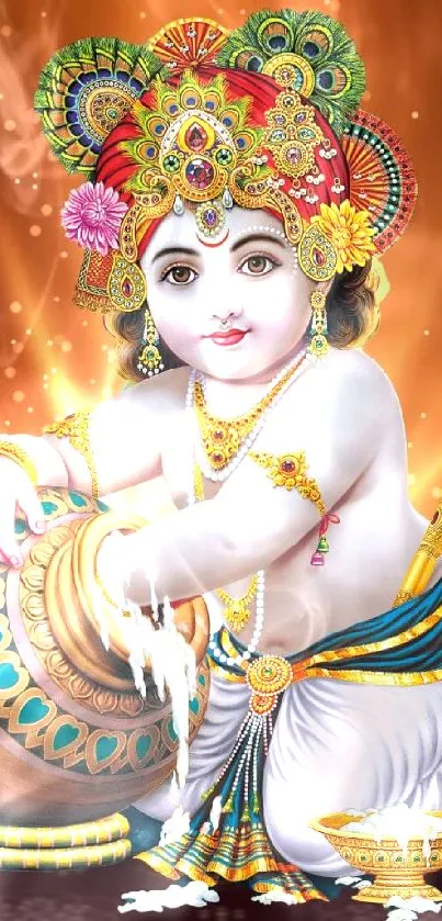 Vibrant mobile wallpaper of Lord Krishna in traditional style with orange background.