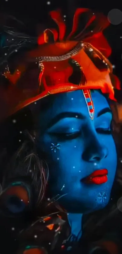 Vibrant Krishna art with blue skin and red elements.